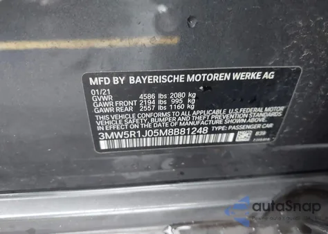 2021 BMW 330I из США, поврежденный, VIN 3MW5R1J05M8B81248